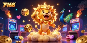 Win big with F168 in an ultra-detailed 3D casino scene featuring vibrant characters and dynamic gaming elements.