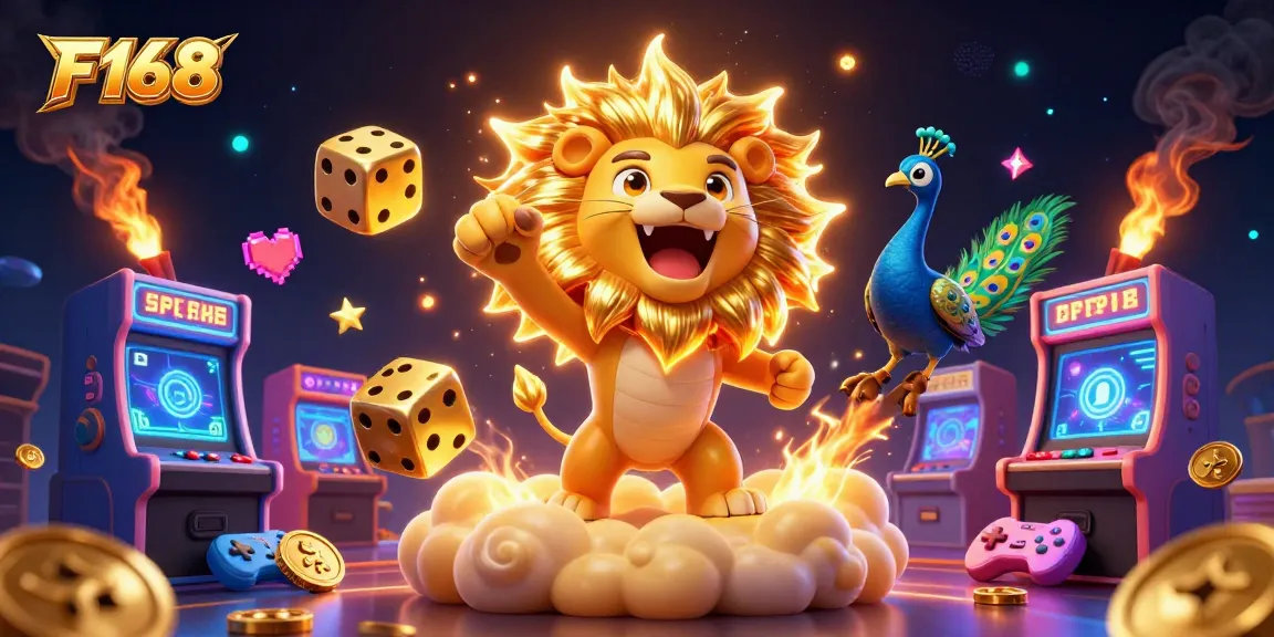 Win big with F168 in an ultra-detailed 3D casino scene featuring vibrant characters and dynamic gaming elements.